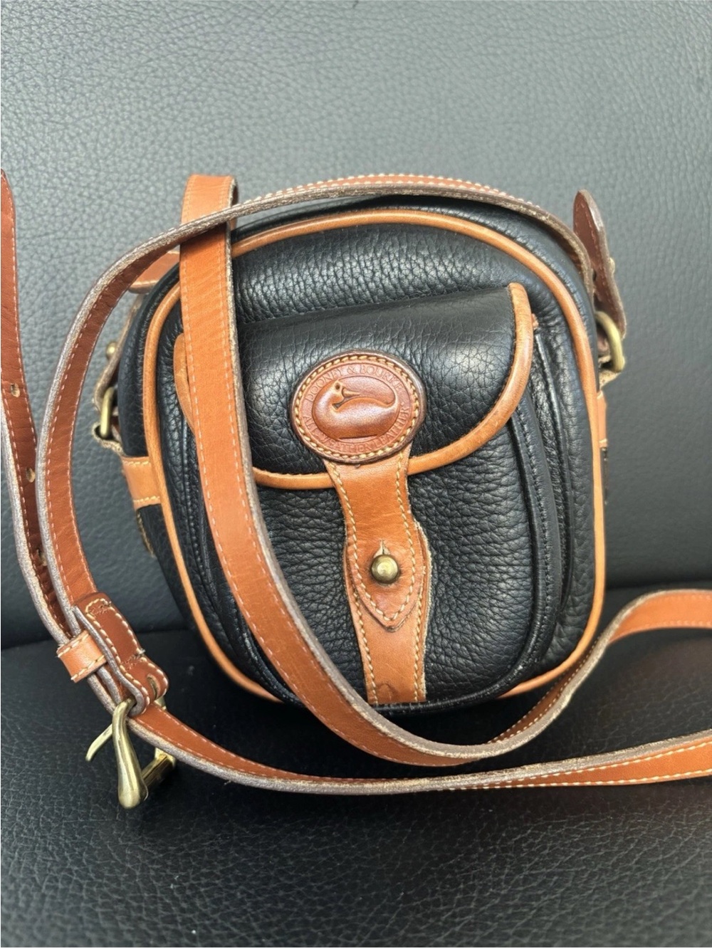 Dooney & Bourke Black Pebbled Leather Mini Crossbody with Tan Trim